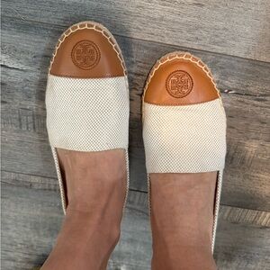 Tory Burch Cream Canvas and Tan Leather Espadrilles